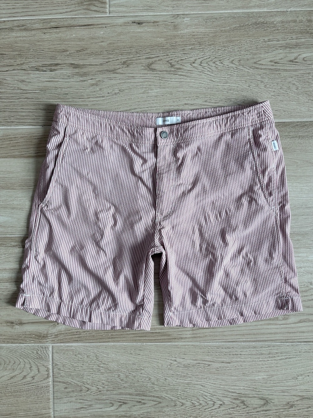 Men’s Onia Calder 7” Striped Seersucker Swim Trunks Size 34 Waist